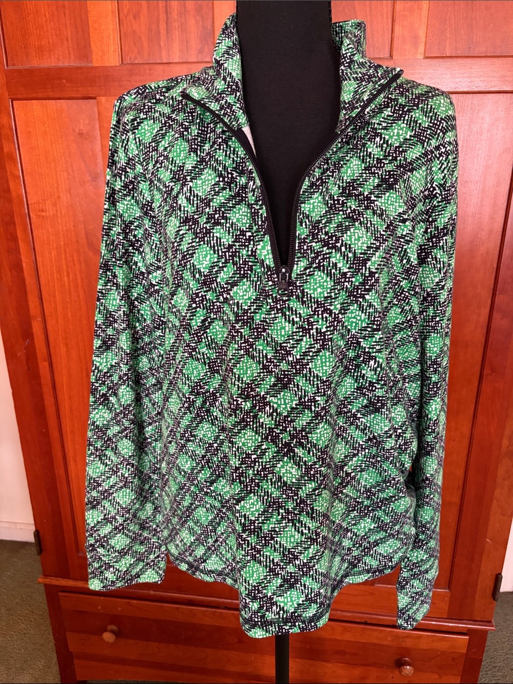 Talbots Green and Black Patterned Zip-Up Top